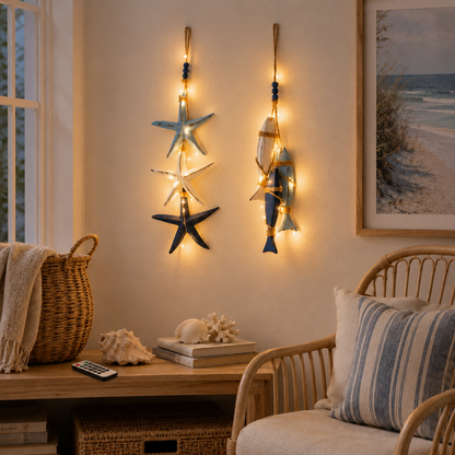 🔥 Limited-Time 50% OFF 🌊 Lighted Coastal Wooden Starfish & Fish Hanging Decor – 23.2" × 6.7" Beach Wall Accent