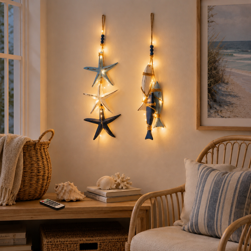 🔥 Limited-Time 50% OFF 🌊 Lighted Coastal Wooden Starfish & Fish Hanging Decor – 23.2" × 6.7" Beach Wall Accent