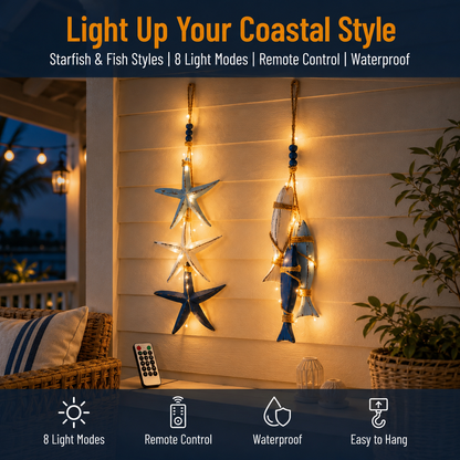 🔥 Limited-Time 50% OFF 🌊 Lighted Coastal Wooden Starfish & Fish Hanging Decor – 23.2" × 6.7" Beach Wall Accent