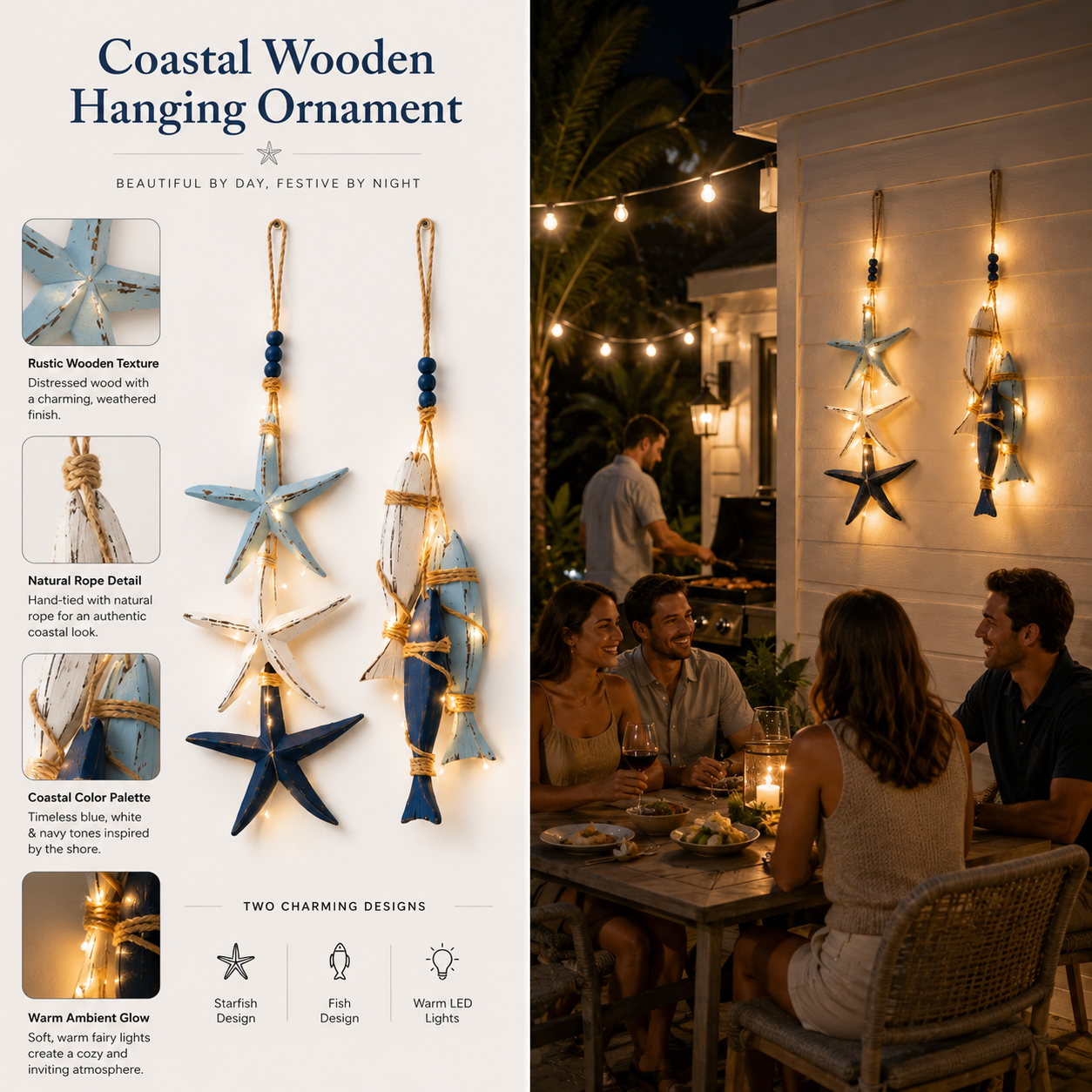 🔥 Limited-Time 50% OFF 🌊 Lighted Coastal Wooden Starfish & Fish Hanging Decor – 23.2" × 6.7" Beach Wall Accent