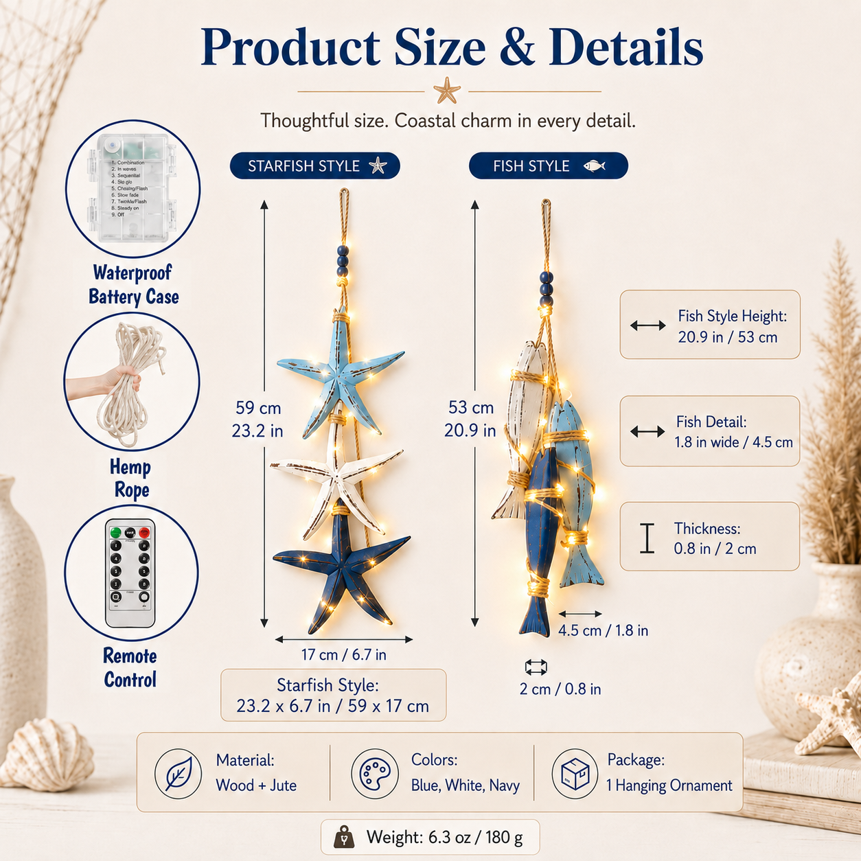 🔥 Limited-Time 50% OFF 🌊 Lighted Coastal Wooden Starfish & Fish Hanging Decor – 23.2" × 6.7" Beach Wall Accent