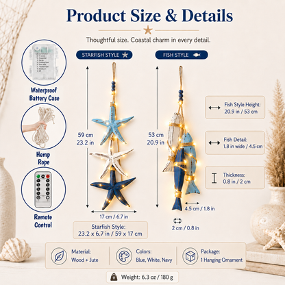 🔥 Limited-Time 50% OFF 🌊 Lighted Coastal Wooden Starfish & Fish Hanging Decor – 23.2" × 6.7" Beach Wall Accent