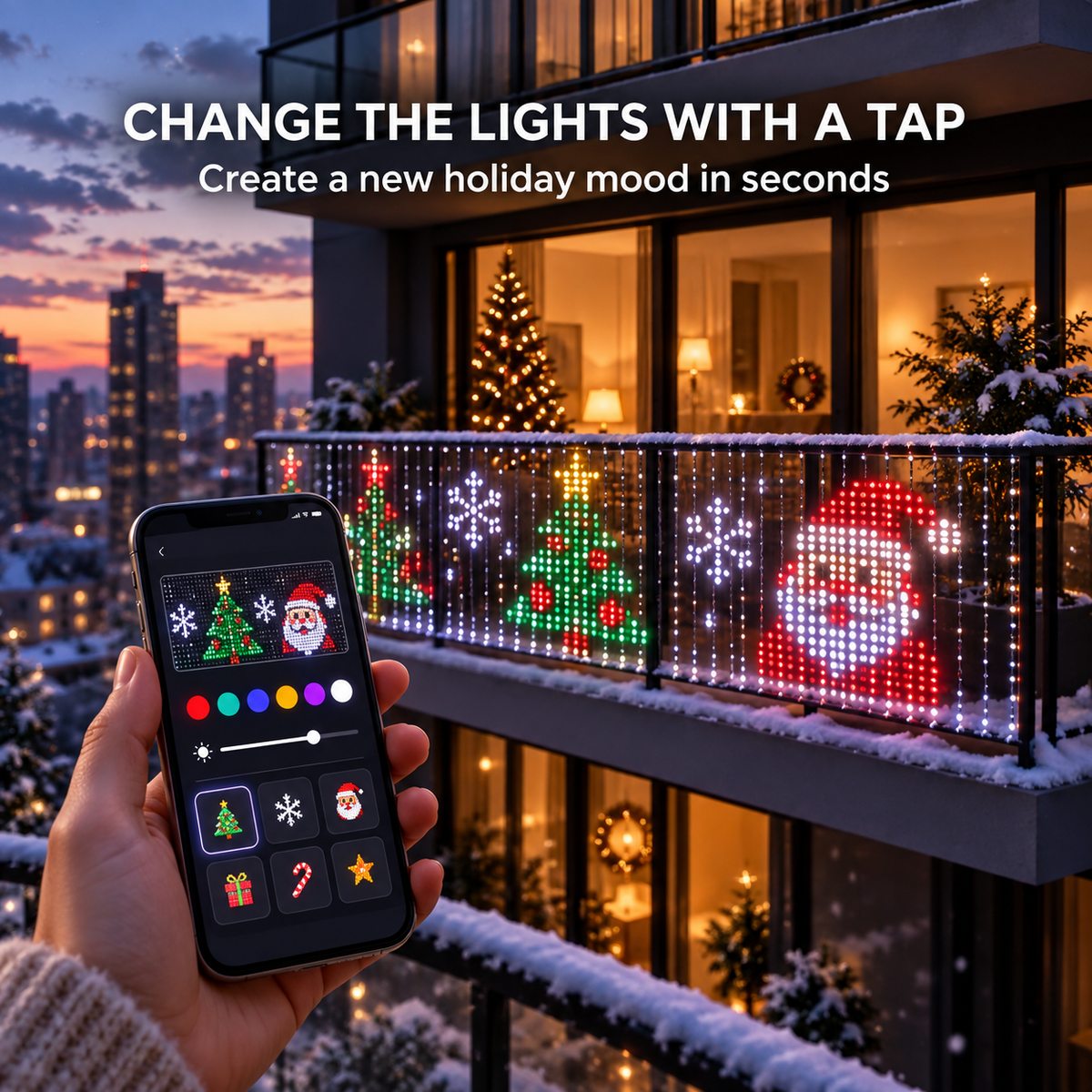 🎄💯Smart Animated Curtain Lights – App-Controlled RGB Balcony & Window Display