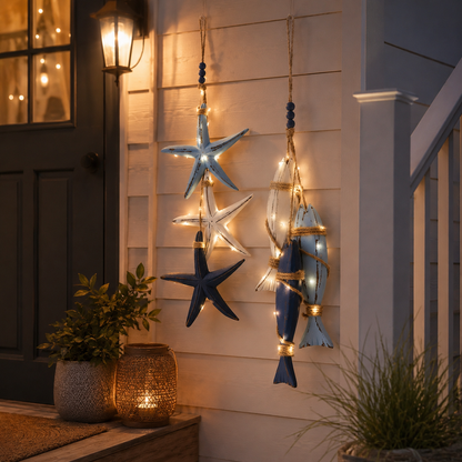 🔥 Limited-Time 50% OFF 🌊 Lighted Coastal Wooden Starfish & Fish Hanging Decor – 23.2" × 6.7" Beach Wall Accent