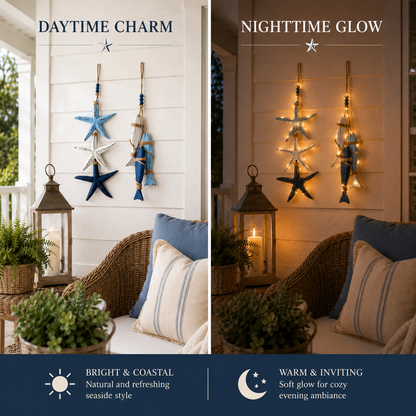 🔥 Limited-Time 50% OFF 🌊 Lighted Coastal Wooden Starfish & Fish Hanging Decor – 23.2" × 6.7" Beach Wall Accent