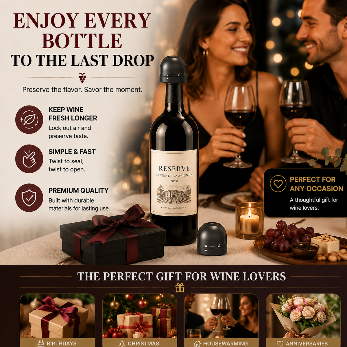 🍷🎁 Holiday Hosting Essential | Reusable Twist-Lock Wine Stoppers – 2PCS, Save 35%