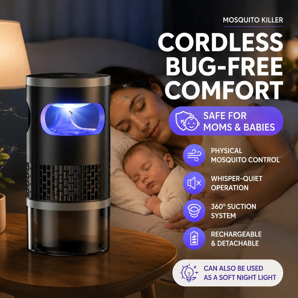🦟✨ Indoor Insect Trap with UV Light & Powerful Suction | Non-Zapper Bug Catcher for Mosquitoes, Fruit Flies, Gnats & Moths | USB Rechargeable (Includes 18650 Lithium Battery)