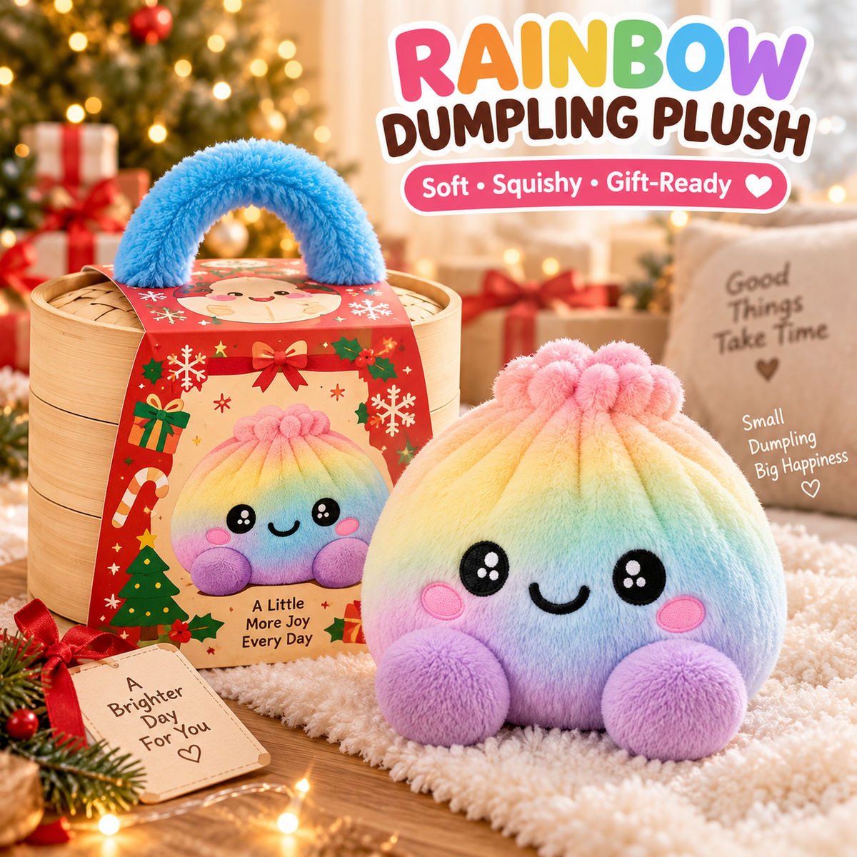 🌈 Cute Holiday Gift | Rainbow Dumpling Plush Squishies with Steamer Case