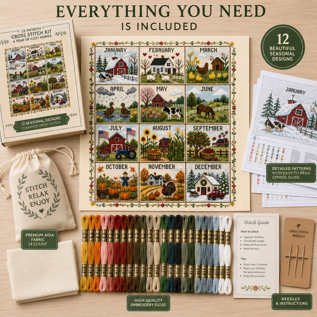 🌿 Stitch Every Season | 12-Month Cross Stitch Collection – 49% OFF Today 🔥