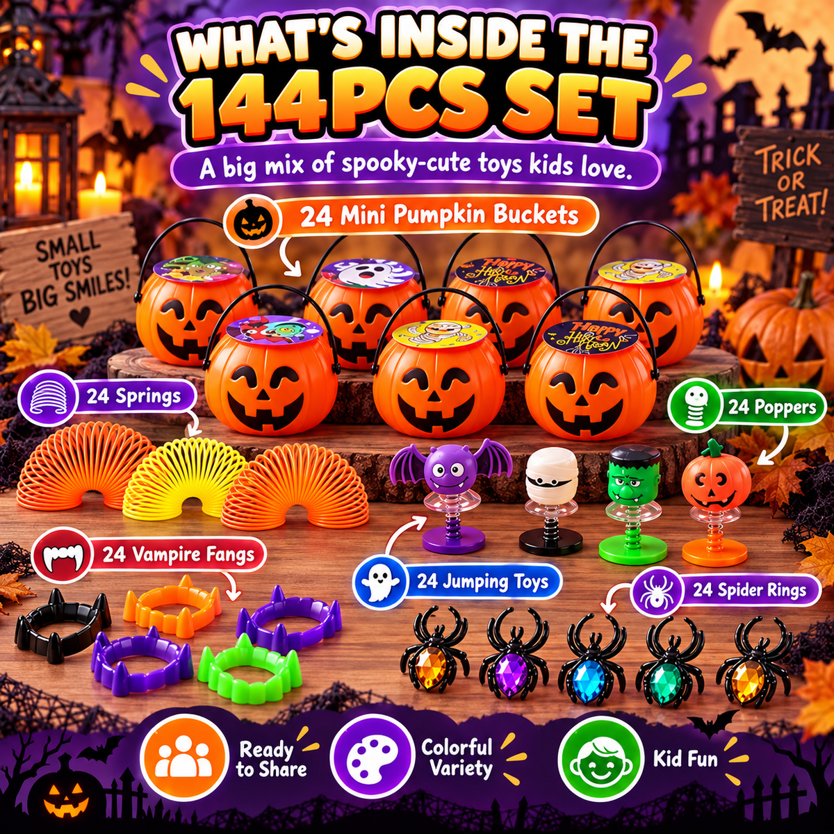 🎃 33% OFF | 24 Ready-to-Give Halloween Pumpkin Buckets – 144 Fun Toys Included