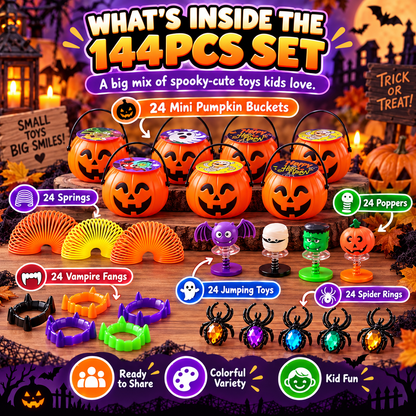 🎃 33% OFF | 24 Ready-to-Give Halloween Pumpkin Buckets – 144 Fun Toys Included