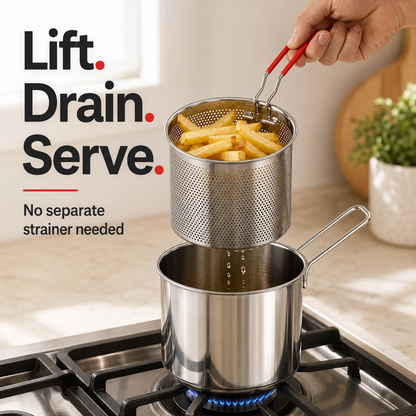 🏅🍟Personal Mini Deep Fryer Set – Stainless Steel Pot with Lift-Out Draining Basket & Food Tongs