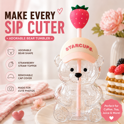 2026 New Cute Beaar Glass Tumbler with Bear Lid & Strawberry Straw, Holiday Teddy Bear Cup，20oz Reusable Aesthetic Teddy Bear Cup for Iced Coffee, Boba Milk Tea, Matcha, Juice, Smoothies & Cold Drinks, Dishwasher Safe