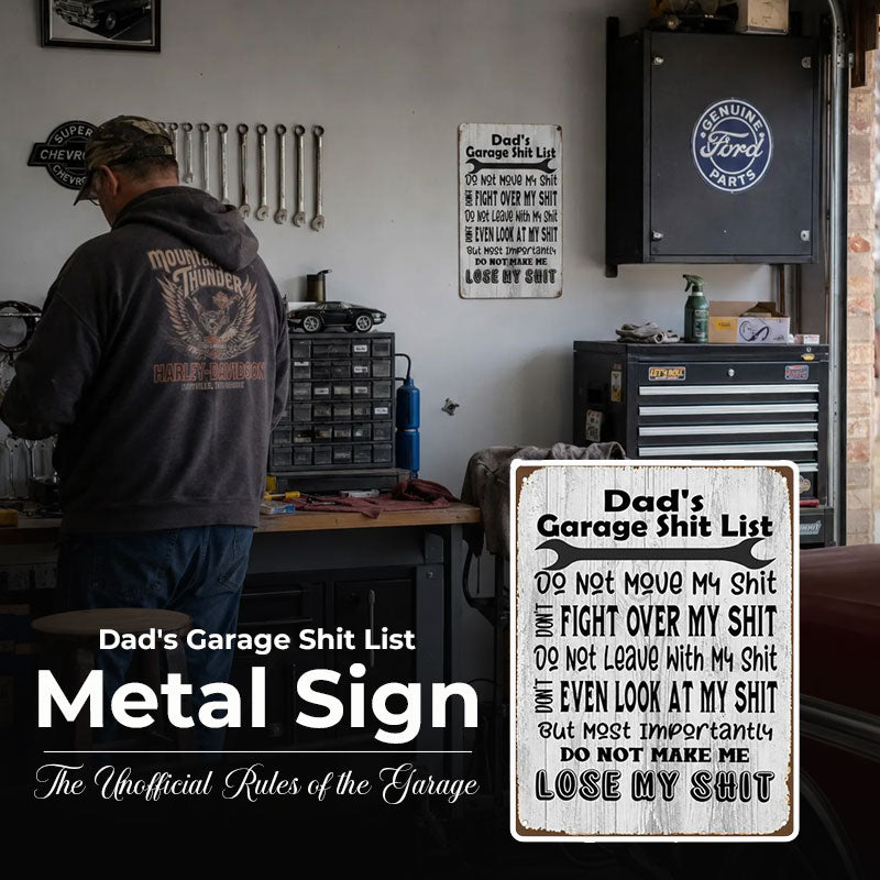 🛠️ Dad’s Garage Rules Metal Sign – Funny Man Cave Wall Decor for Dad 🎁