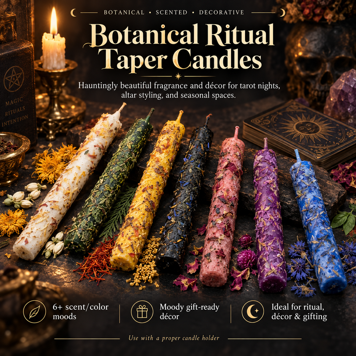 🌸 Botanical Trio | Real Dried Flower Scented Taper Candles – Fragrance, Color & Warm Glow