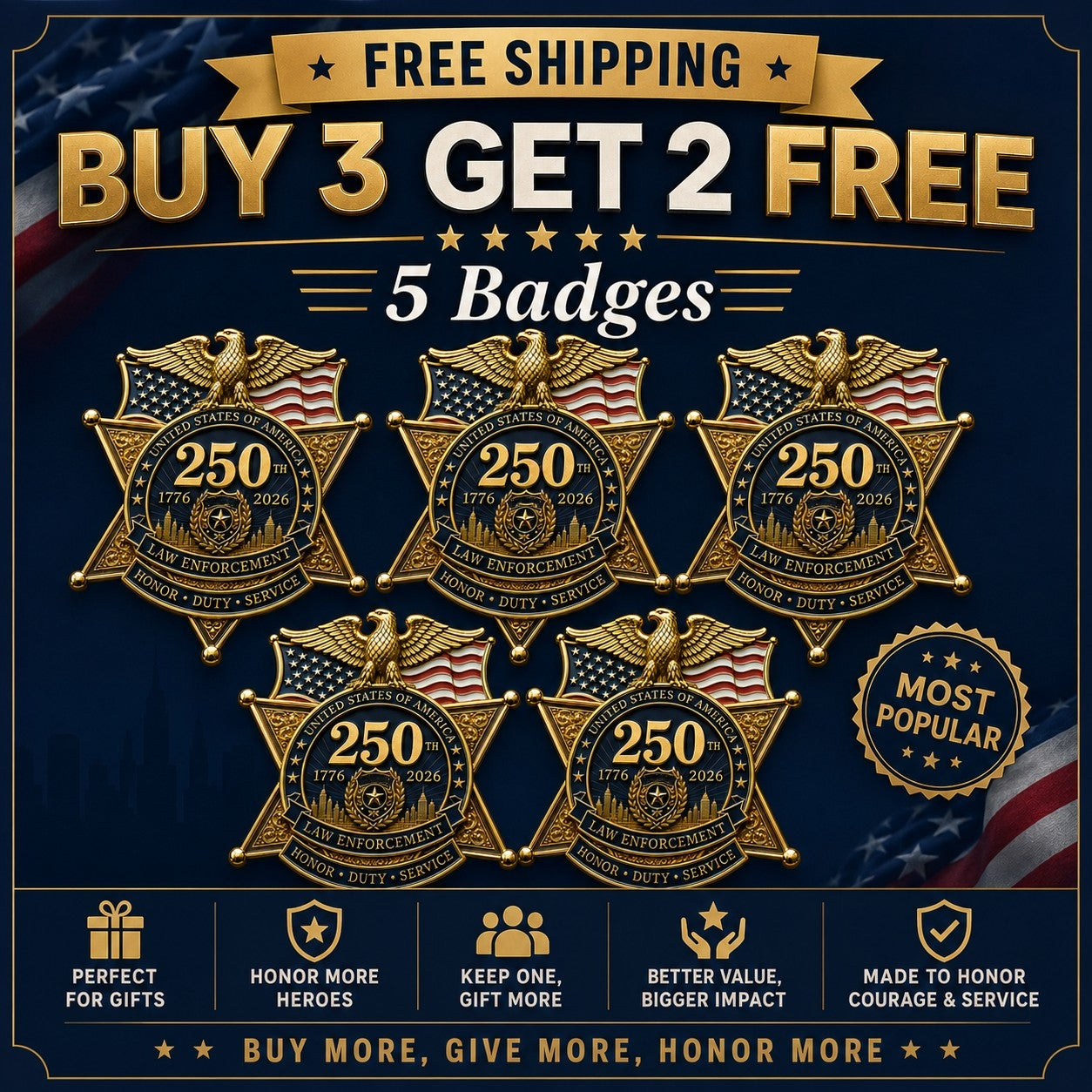 ⚡️America 250 Law Enforcement Commemorative Brooch – Honor, Duty & Service Badge-Style Lapel Pin