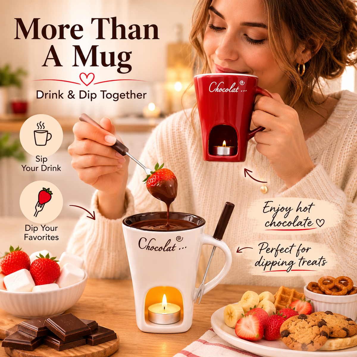 🍫🎄 Holiday Treat Special | Candle-Heated Chocolate Fondue Mug Set – Save 37%