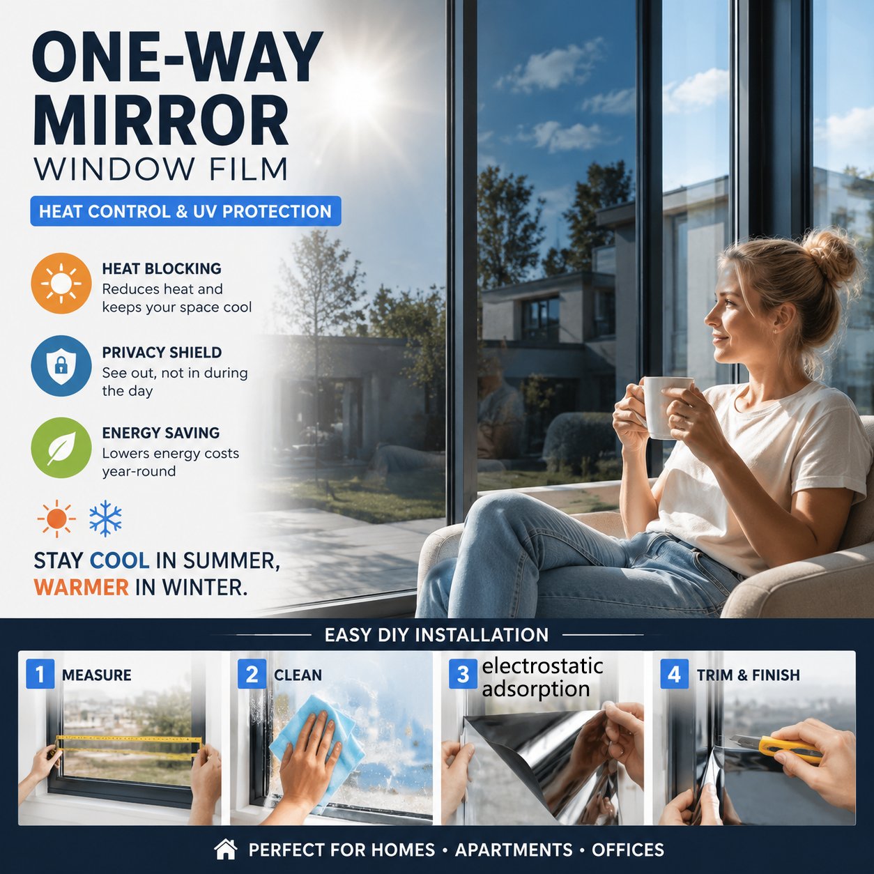 🔥 50% OFF – One-Way Mirror Window Film ☀️ | Heat Control & UV Protection