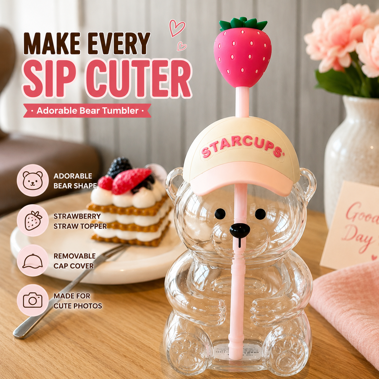 2026 New Cute Beaar Glass Tumbler with Bear Lid & Strawberry Straw, Holiday Teddy Bear Cup，20oz Reusable Aesthetic Teddy Bear Cup for Iced Coffee, Boba Milk Tea, Matcha, Juice, Smoothies & Cold Drinks, Dishwasher Safe