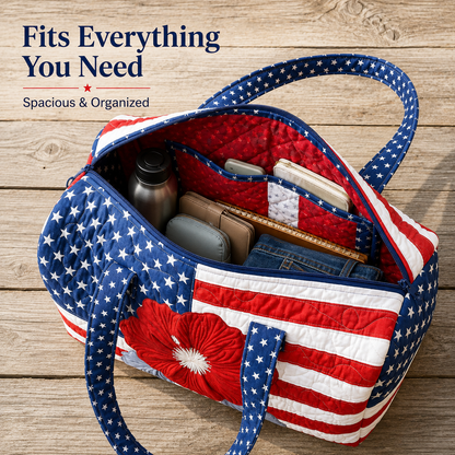 🇺🇸🧵 Handcrafted Patriotic Quilted Tote Bag – 3D Floral American Flag Travel Duffel