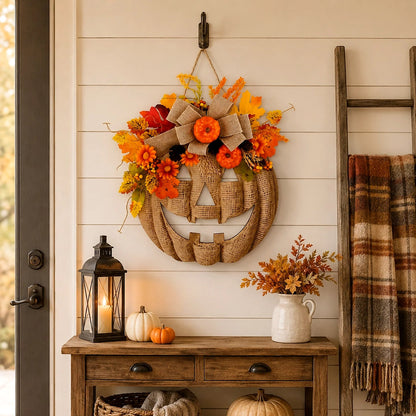 🔥 50% OFF – Lighted Burlap Pumpkin Wreath 🎃 | Cozy Fall Door Decor