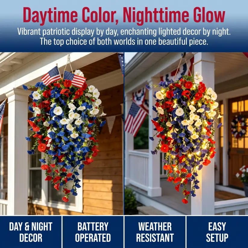 💙❤️ 🇺🇸 Glowing Patriotic Solar LED Decor Flower Bouquet