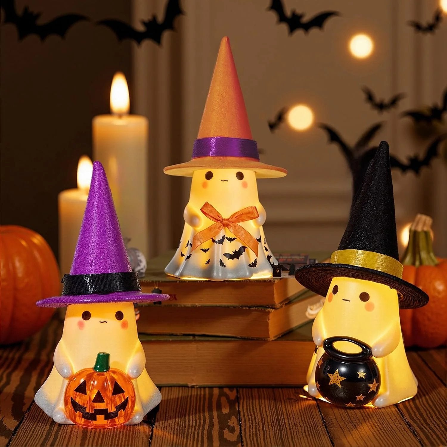 👻🌟 3-Piece Light-Up Ghost Halloween Decor Set | Cute Ghost Figurines with Colorful Witch Hats