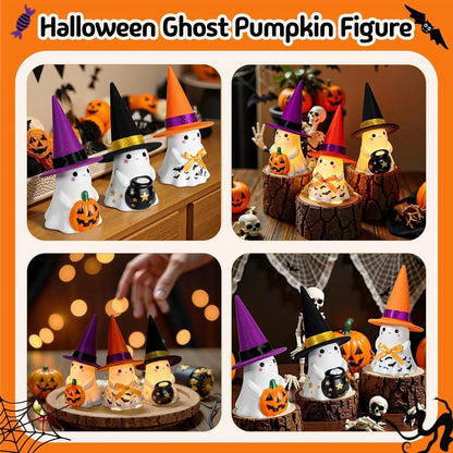 👻🌟 3-Piece Light-Up Ghost Halloween Decor Set | Cute Ghost Figurines with Colorful Witch Hats