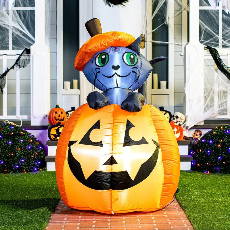 🎃 5FT Light-Up Halloween Inflatable Cat in Pumpkin – Eye-Catching Yard & Porch Decoration