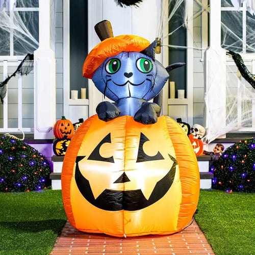 🎃 5FT Light-Up Halloween Inflatable Cat in Pumpkin – Eye-Catching Yard & Porch Decoration