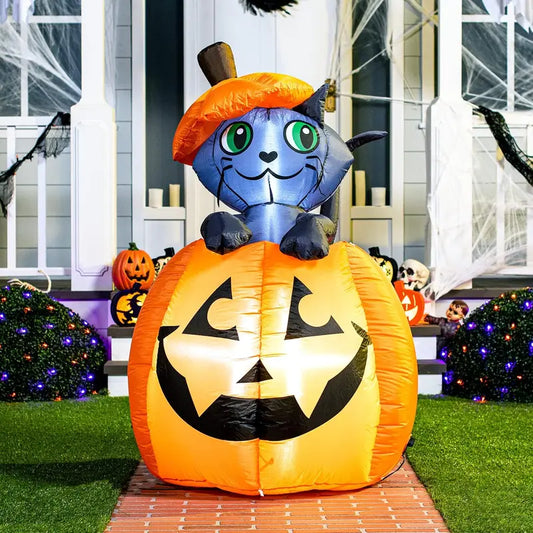 🎃 5FT Light-Up Halloween Inflatable Cat in Pumpkin – Eye-Catching Yard & Porch Decoration
