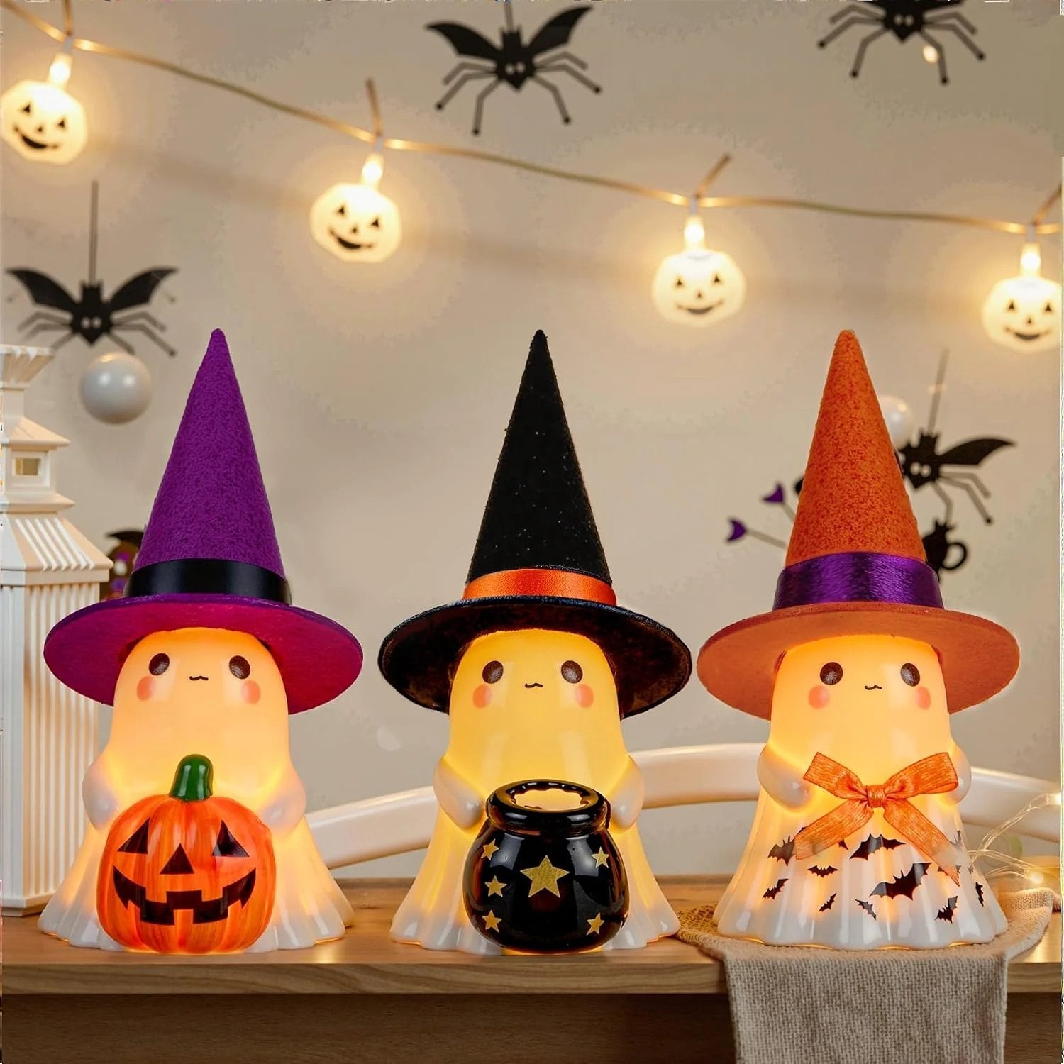 👻🌟 3-Piece Light-Up Ghost Halloween Decor Set | Cute Ghost Figurines with Colorful Witch Hats
