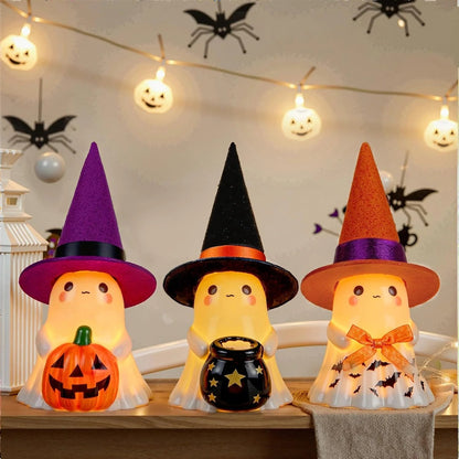 👻🌟 3-Piece Light-Up Ghost Halloween Decor Set | Cute Ghost Figurines with Colorful Witch Hats