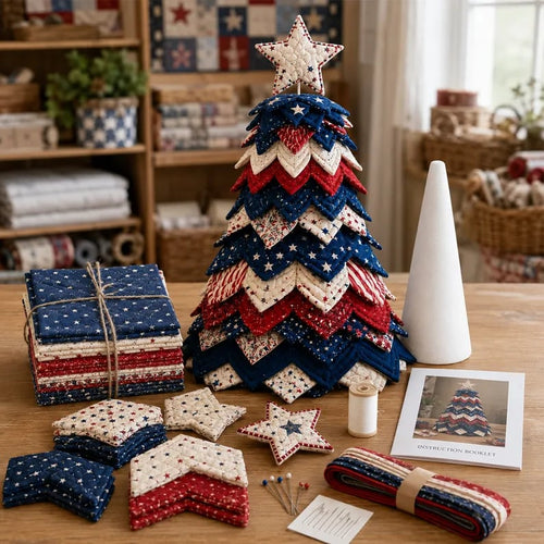 🔥LAST DAY 50% OFF - 🎄Americana Christmas Tree Quilt Kit – Easy Layered Fabric Holiday Décor for Quilting Lovers