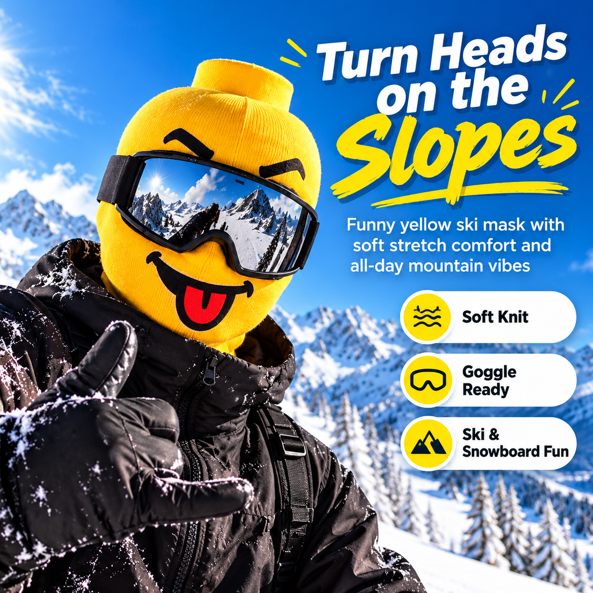 🏂Funny Yellow Block-Head Ski Mask – Full Face Winter Balaclava for Skiing & Snowboarding