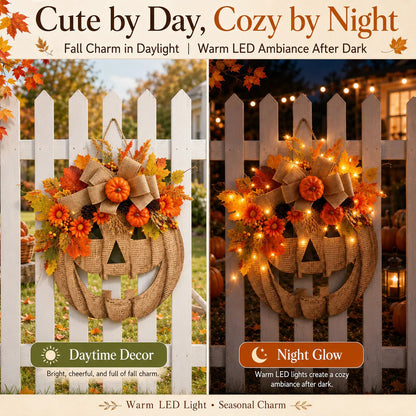 🔥 50% OFF – Lighted Burlap Pumpkin Wreath 🎃 | Cozy Fall Door Decor
