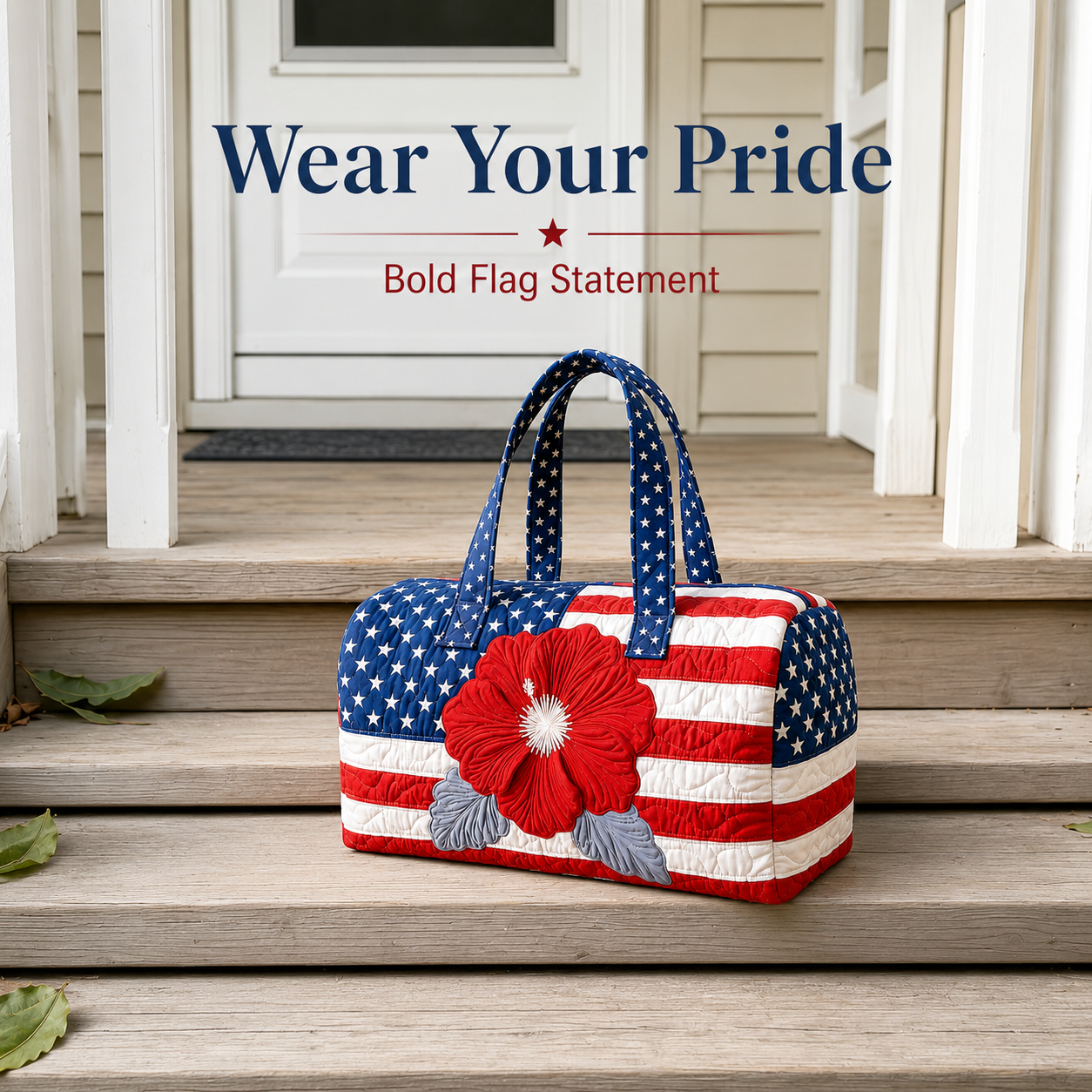🇺🇸🧵 Handcrafted Patriotic Quilted Tote Bag – 3D Floral American Flag Travel Duffel