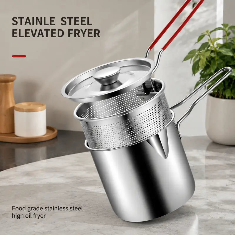 🏅🍟Personal Mini Deep Fryer Set – Stainless Steel Pot with Lift-Out Draining Basket & Food Tongs