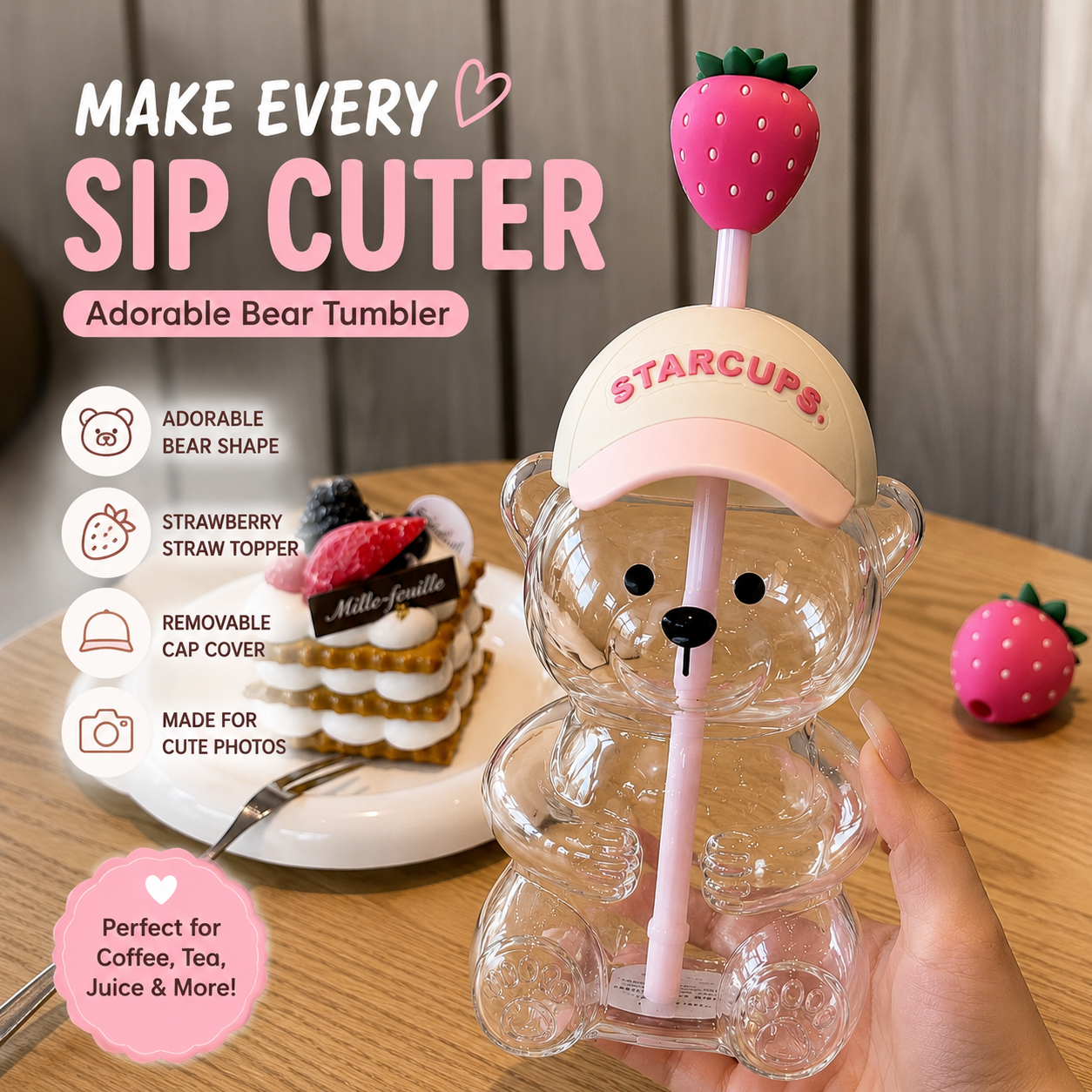 2026 New Cute Beaar Glass Tumbler with Bear Lid & Strawberry Straw, Holiday Teddy Bear Cup，20oz Reusable Aesthetic Teddy Bear Cup for Iced Coffee, Boba Milk Tea, Matcha, Juice, Smoothies & Cold Drinks, Dishwasher Safe
