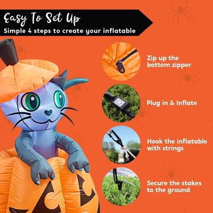 🎃 5FT Light-Up Halloween Inflatable Cat in Pumpkin – Eye-Catching Yard & Porch Decoration