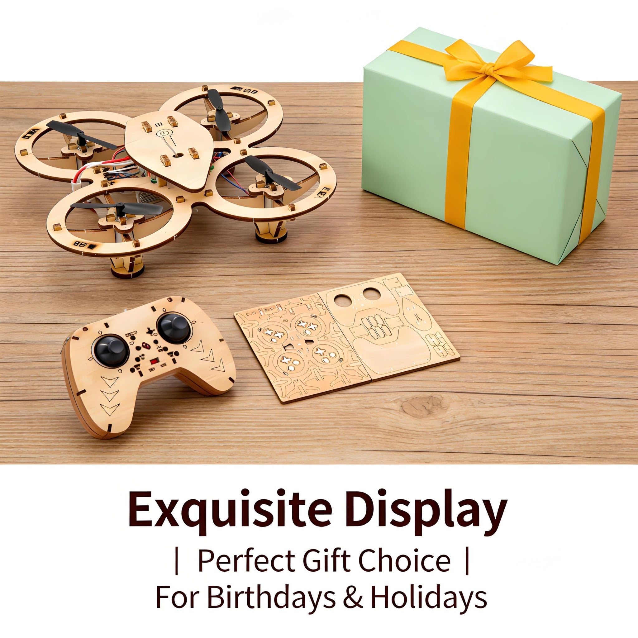💥🏆Top Gift 2026 🎁 DIY Wooden Drone Assembly Kit, 2.4GHz RC Quadcopter with 360° Flip, Emergency Stop & Beginner Friendly Controls, STEM Building Toy for Teens & Adults
