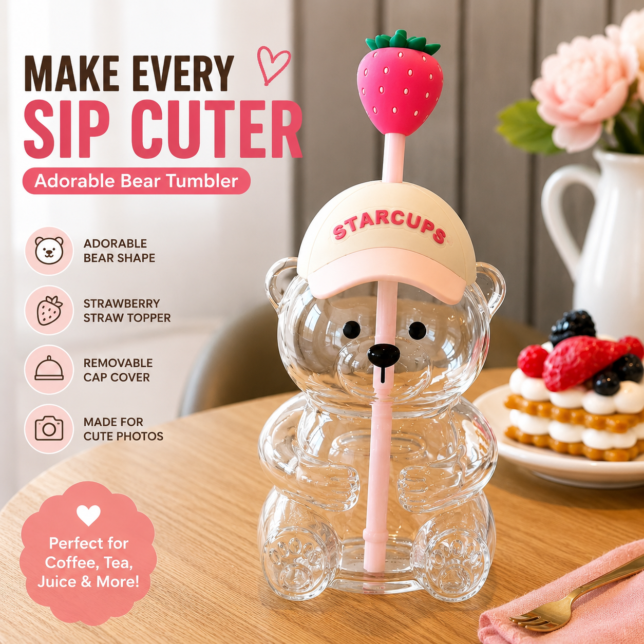 2026 New Cute Beaar Glass Tumbler with Bear Lid & Strawberry Straw, Holiday Teddy Bear Cup，20oz Reusable Aesthetic Teddy Bear Cup for Iced Coffee, Boba Milk Tea, Matcha, Juice, Smoothies & Cold Drinks, Dishwasher Safe