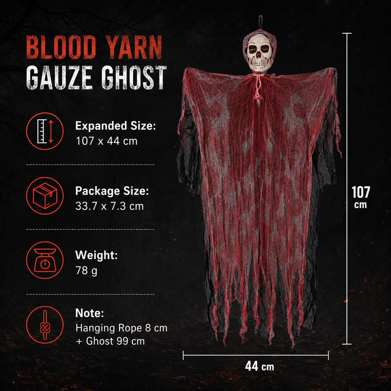 Bendable Blood Gauze Hanging Ghost – 42-Inch Halloween Skull Decoration