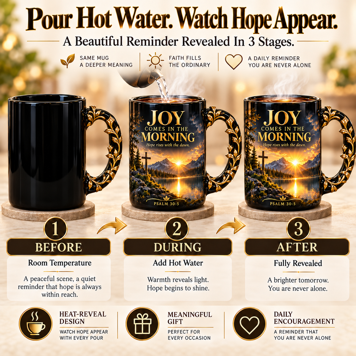 ☀️✝️Joy Comes in the Morning™ Heat-Reveal Ceramic Faith Mug🙏Inspirational Christian Coffee Cup