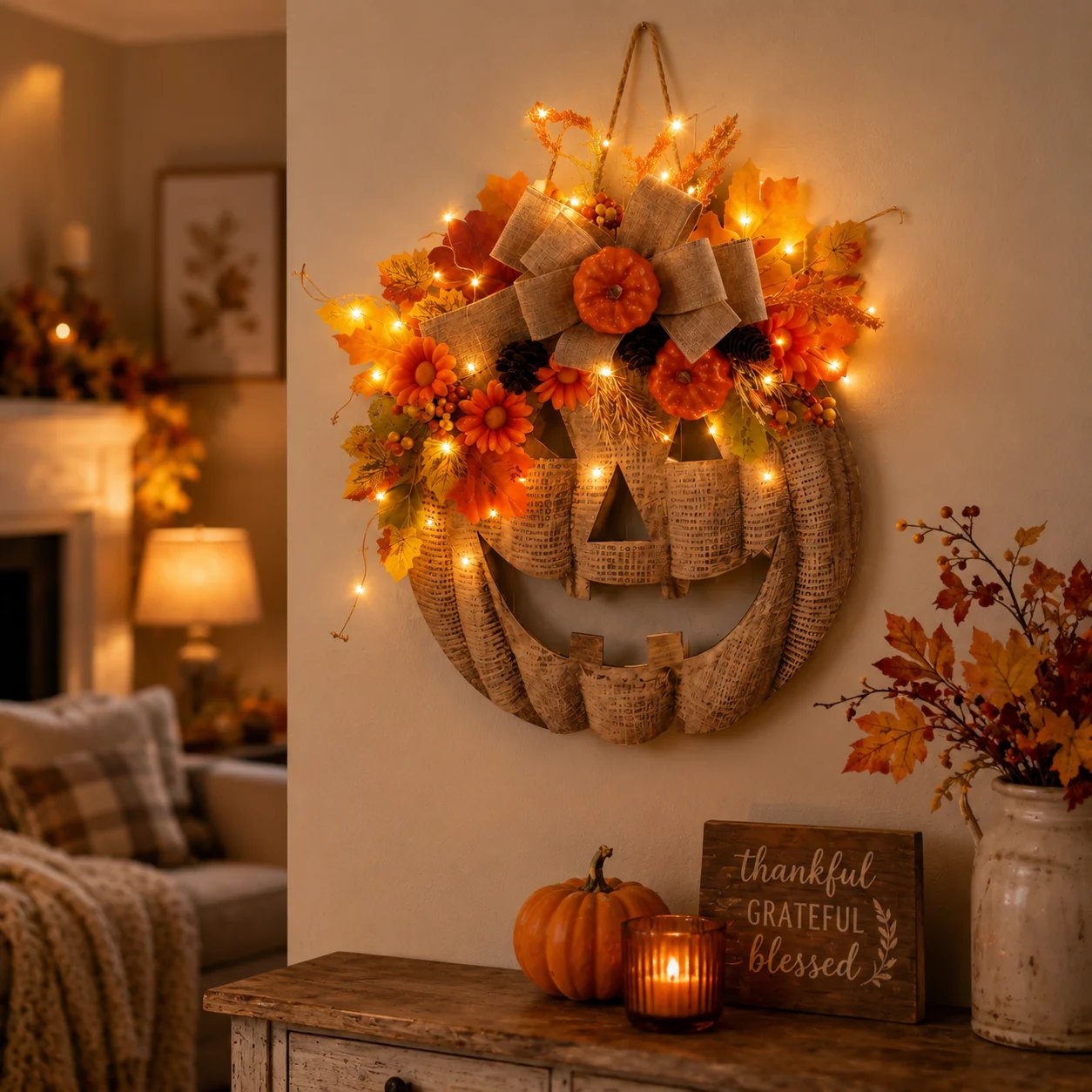 🔥 50% OFF – Lighted Burlap Pumpkin Wreath 🎃 | Cozy Fall Door Decor
