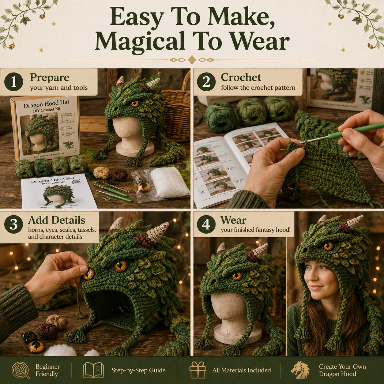 🔥HOT SALE 50% OFF – DIY Dragon Hood Hat Crochet Kit 🐉 | Handmade Fantasy Craft