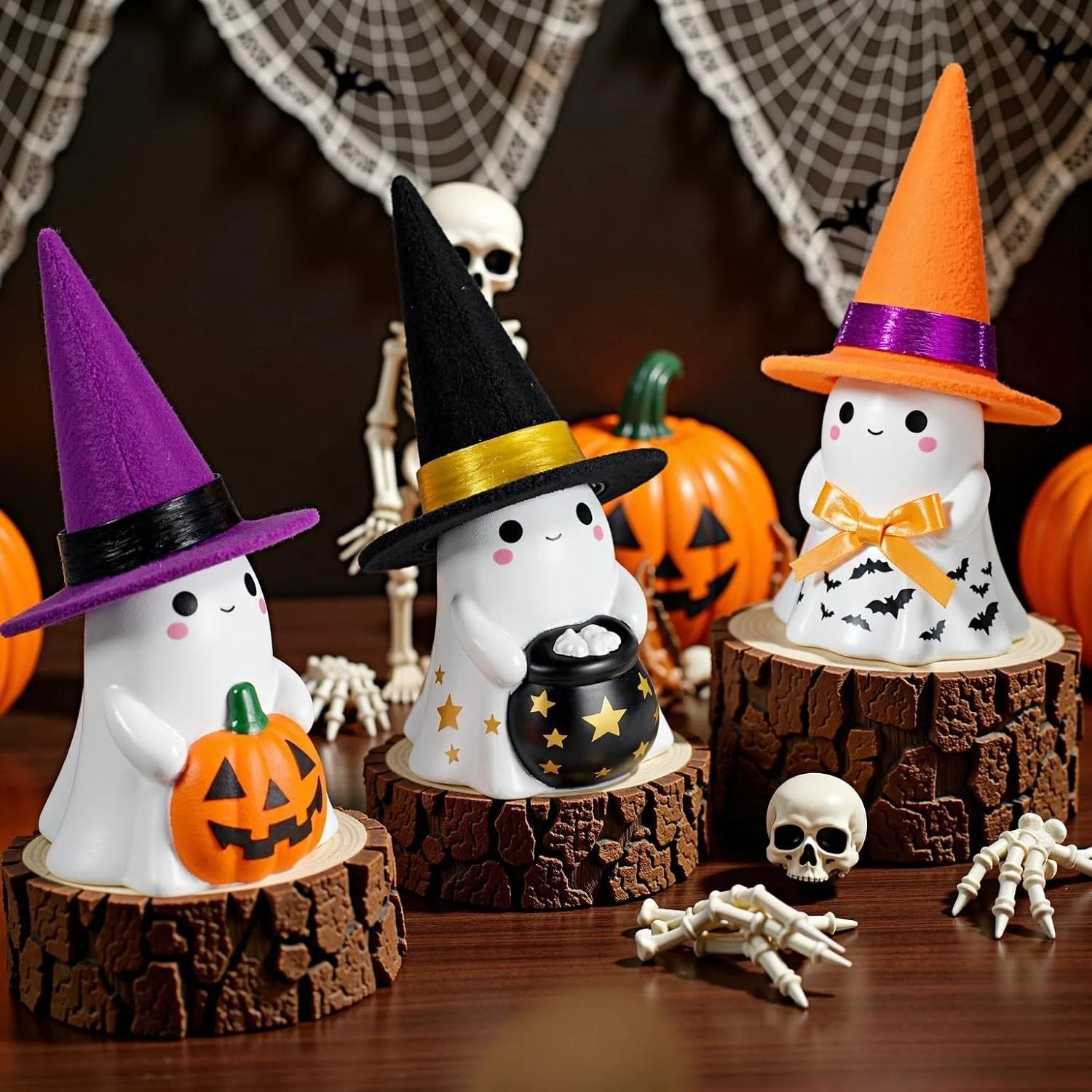 👻🌟 3-Piece Light-Up Ghost Halloween Decor Set | Cute Ghost Figurines with Colorful Witch Hats