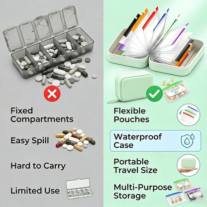 💊A8 Waterproof 14-Pouch Weekly Pill Organizer, Color-Coded Travel Storage for Vitamins & Supplements