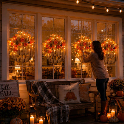 🔥 50% OFF – Lighted Burlap Pumpkin Wreath 🎃 | Cozy Fall Door Decor