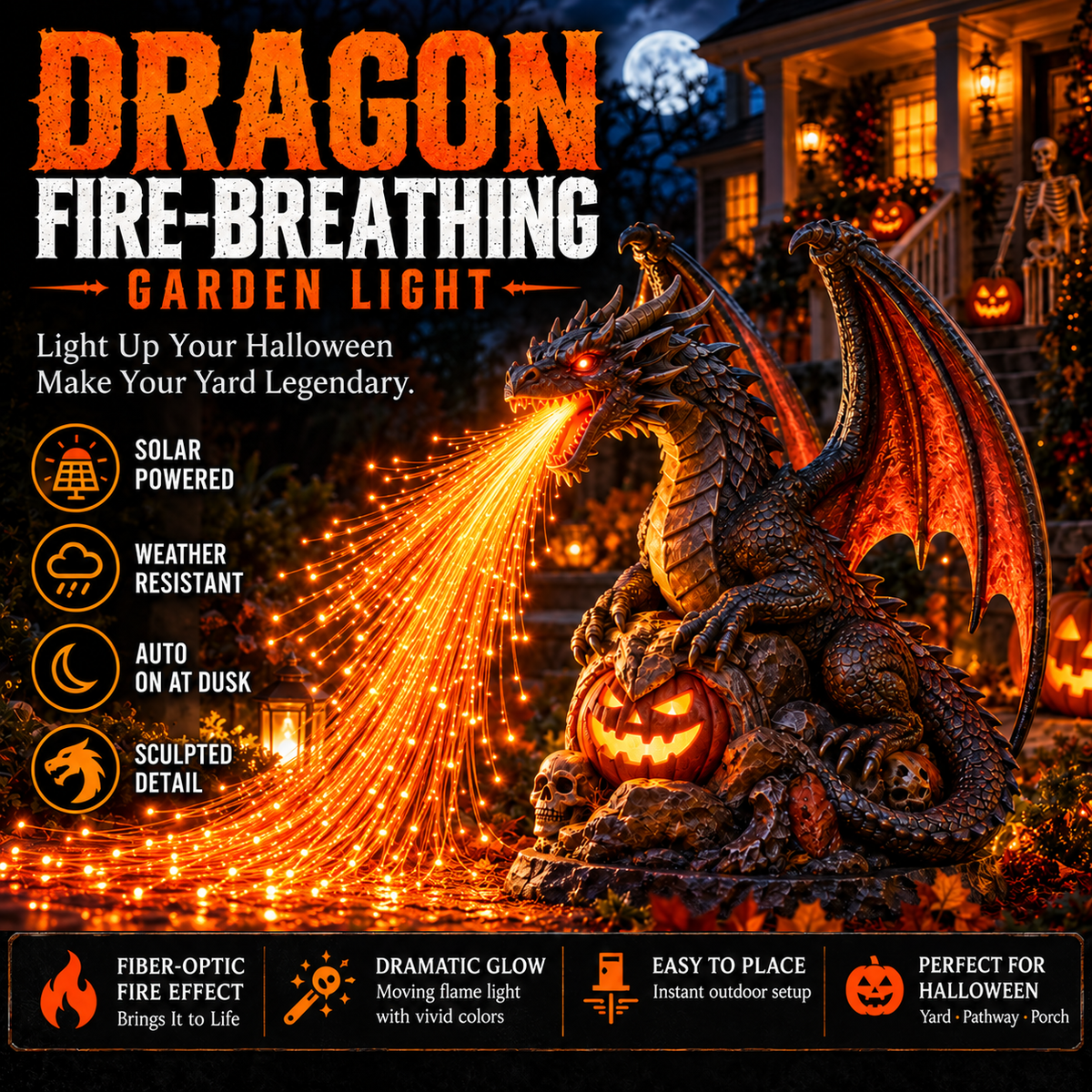 🐉 Inferno Dragon™ Fire-Breathing Solar Garden Light – Glowing Halloween Dragon Statue for Outdoor Yard & Porch Decor